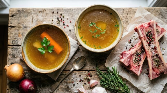 Two bowls of homemade bone broth with raw beef bones, fresh herbs, onions, and garlic on a rustic wooden table