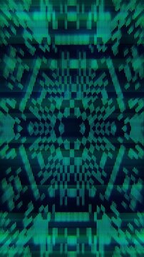 Emerald and teal digital glitch snowflake with symmetrical scanline distortion flickering on a seamless loop. Animated matrix texture suits cyberpunk rave and EDM nightclub music video design