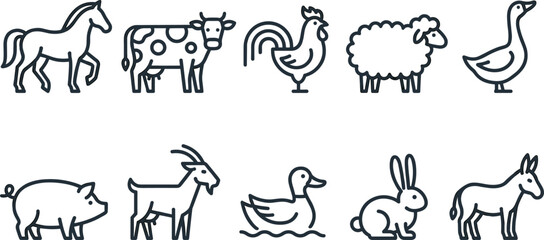 Minimalist Farm Animal Icon Collection Featuring Horse Cow Rooster Sheep Goose Pig Goat Duck Rabbit and Donkey Outline Vector Set © MstSuborna
