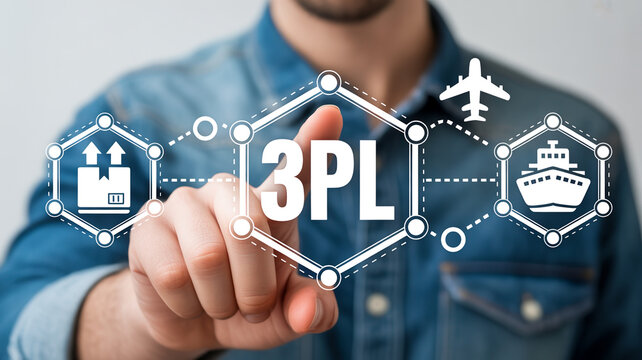 Man interacts with 3pl logistics icons on digital screen