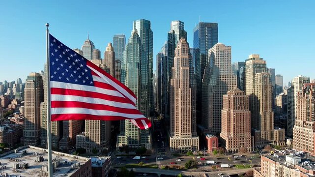 American flag waving in front of New York City skyline buildings under clear blue sky
