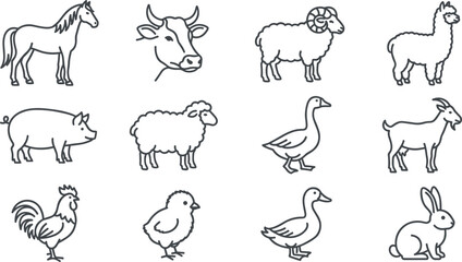 Fototapeta premium Farm Animal Outline Collection Featuring Horse Cow Sheep Llama Pig Goat Goose Chicken Duckling and Rabbit Livestock Vector Illustration Set