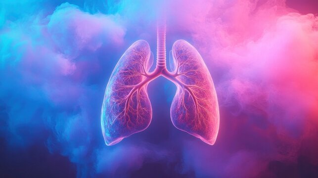 glowing translucent pair of human lungs with trachea and branching bronchi suspended in swirling pink and blue mist, conveying calm ethereal vitality