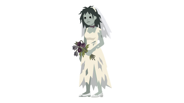 Creepy undead bride in a tattered wedding dress holding dark flowers