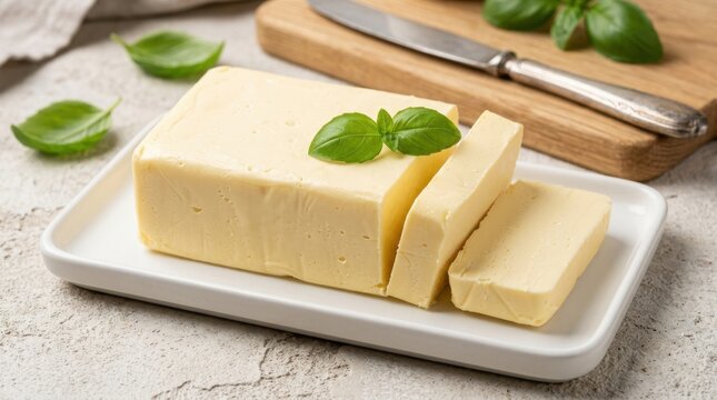 Fresh Block of Organic Creamy Butter Sliced on White Plate with Green Basil Leaves, Gourmet Cooking Ingredient on Textured Light Stone Background