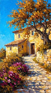 Vibrant impasto oil painting of a rustic stone house with a golden tree and flower path under a blue sky

