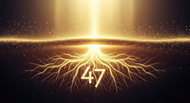 Golden number 47 emerging from glowing radiant tree roots in a dark abstract background