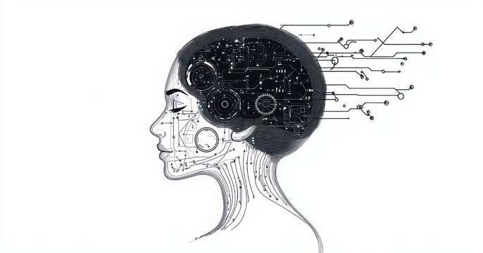 black and white mechanical brain illustration with gears and circuit traces, wires forming a neck, circuitry extending outward and a blurred square over the face, futuristic contemplative mood