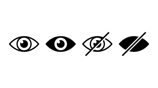 Four eye icons in outline, solid, and crossed‑out styles symbolizing visibility, privacy, and hidden content concepts