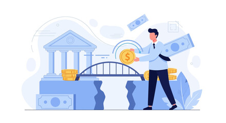 Naklejka premium Businessman building financial bridge from bank with coins and currency