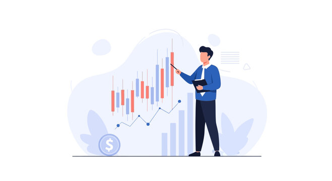 Businessman Analyzing Stock Market Candlestick Chart with Financial Growth Concept