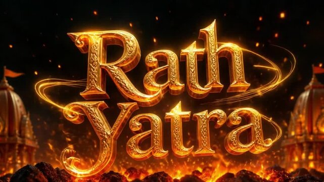 Rath Yatra Golden Text glowing with Fire and Sparkle Effects. 4K Video