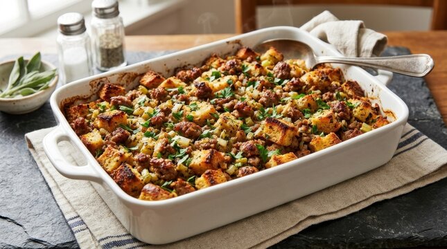 Close-up high angle studio photograph of savory homemade sausage and herb stuffing in a white casserole dish