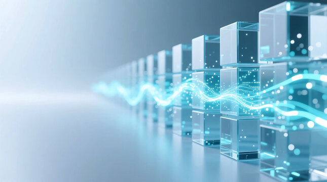 Futuristic image shows high-speed light pulses on horizontal transparent glass data blocks for secure digital transformation in enterprise network transmission