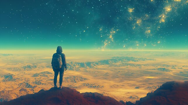 Astronaut standing on rocky alien terrain under starry sky with glowing nebula and golden light illuminating the horizon