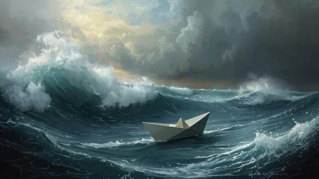 A white origami paper boat floating on a rough, stormy ocean with crashing waves under dark clouds.