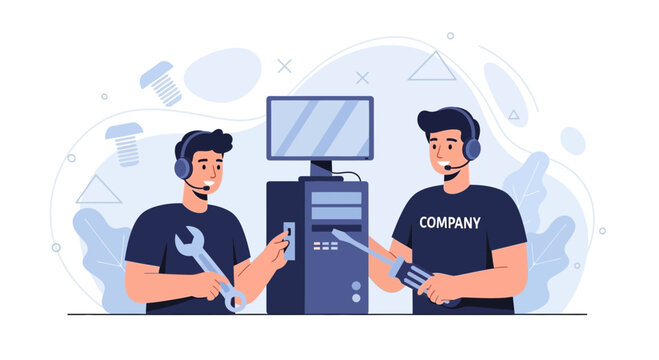 Computer Repair Service: Technicians Fixing PC Hardware with Tools, Illustrating IT Support and Technical Assistance.