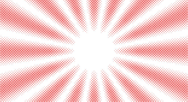 Intense red halftone sunburst pattern with striking radial rays and detailed geometric dot texture for bold graphic designs