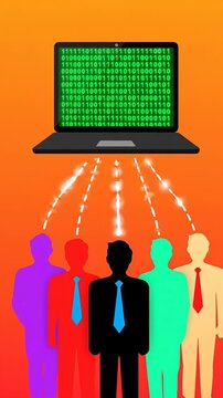 Laptop with green binary code on orange background.