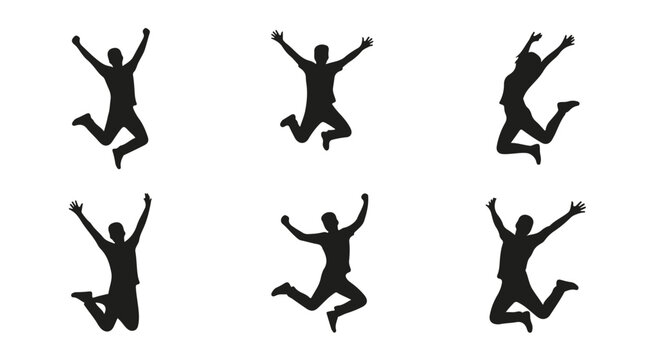Jumping people silhouettes set, happy man jumping in air vector collection, active person celebrating success and freedom, black human figures