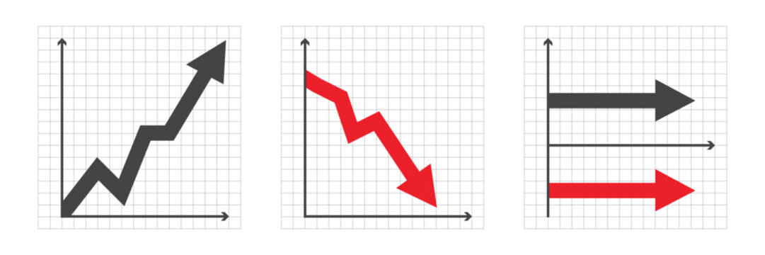 Progress chart and decline market arrow. Negative and positive diagramm. Financial result, loss money chart,  downward. Vector illustration 