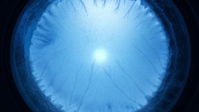 Blue ice crystals forming a tunnel with feathery fractal patterns leading to a bright light