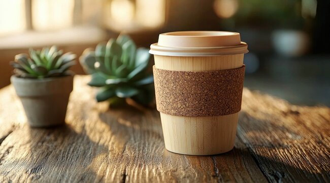 eco-friendly bamboo travel cup with cork sleeve and lid on a weathered wooden table with two small potted succulents in warm morning sunlight, cozy and peaceful