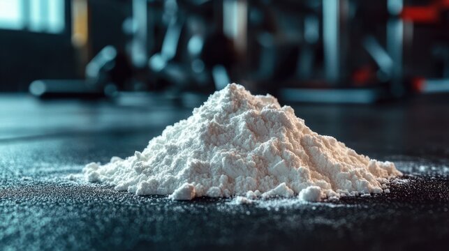 Pile of white chalk powder on rubber gym floor with blurred barbells and dumbbells in background, conveying gritty focused intensity