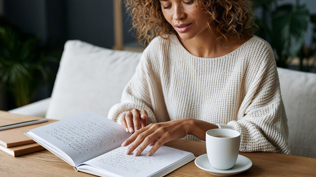 A visually impaired woman reading Braille text with her fingertips