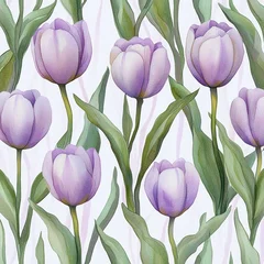 serene watercolor pattern of soft purple tulips with green leaves conveying a delicate calm springtime mood © tech