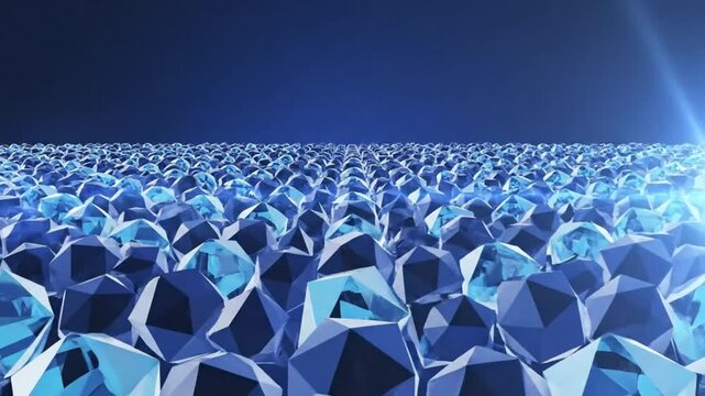 Abstract Digital Gems Floating in a Dark Blue Space with Bright Light and Shimmering Reflections