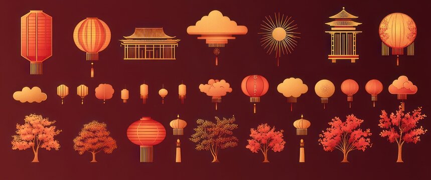 row of red and gold hanging lanterns, pagodas, stylized clouds, sunburst and autumn trees on deep red background conveying warm festive celebration