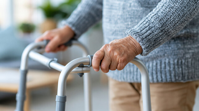 Elderly person using walker while standing indoors in cozy environment  