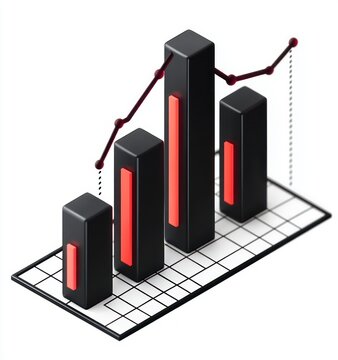 isometric 3d black bar chart with glowing red inner panels on a grid base, connected by a maroon line graph with dotted drop lines, conveying dynamic analytical tension and growth