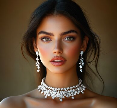 Elegant portrait of a woman with dark hair and bare shoulders wearing a sparkling diamond choker and matching drop earrings against a warm brown background, exuding sophistication