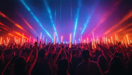Silhouetted crowd with raised hands and glowing light sticks under vibrant red and blue laser beams at a packed concert, electric atmosphere of excitement and celebration © tech