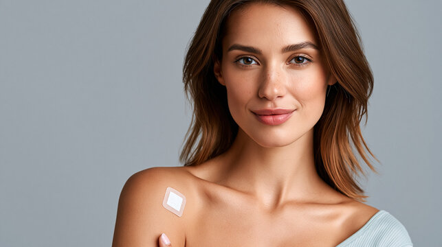 Young woman applying cream on shoulder with a natural smile  