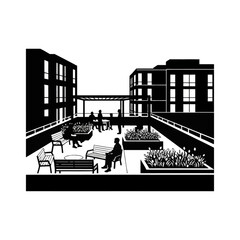 Obraz premium Black and white vector illustration depicting an urban rooftop garden terrace with silhouetted residents sitting on benches and at tables surrounded by planters and apartment buildings.
