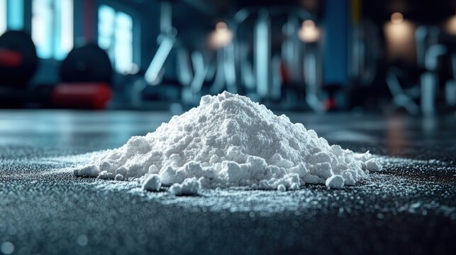 pile of white chalk on rubber gym floor with blurred barbells and weights in background, gritty dramatic lighting conveying focus and intensity before lifting