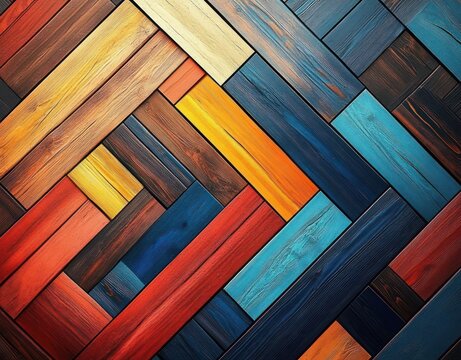 vibrant painted wooden planks arranged in a geometric herringbone parquet pattern conveying energetic warm mood