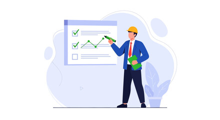 Obraz premium Engineer Inspecting Project Progress Chart on Whiteboard with Checkmarks and Graph