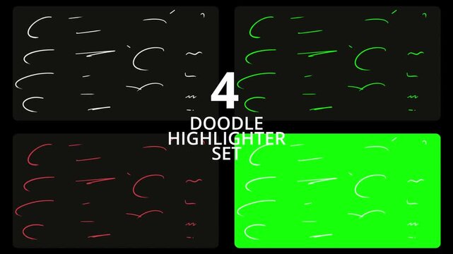 Set of 4 Animated Hand Drawn Highlighter Elements, doodle circles, ellipse, borders and elements, White, green and red design elements isolated on black background. Pencil, chalk. Alpha channel.