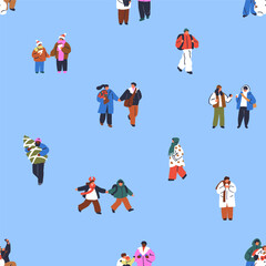 Fototapeta premium Seamless winter pattern with tiny people walking outdoors in cold season, Christmas holiday eve. Endless background, repeating print for Xmas and New Year wrapping design. Flat vector illustration