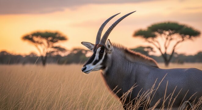 Majestic roan antelope standing in the African savannah at golden sunset