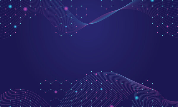 Abstract Dark Purple Technology Background. Futuristic Hexagonal Dot Grid Frame with Cyan and Magenta Gradient Waves and Wide Central Copy Space for AI, Cybersecurity, and Corporate Web Banner
