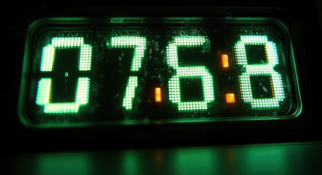 Close-up green LED digital clock display reading 07 58 with glowing orange separators, dusty scratched plastic casing and moody anticipatory glow