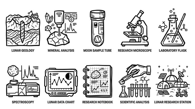 Geological Research and Mineral Analysis Outline Icon Vector Set