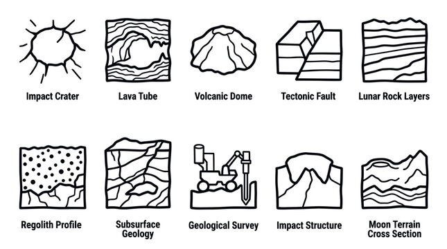 Volcanic Landforms and Geological Structures Outline Icon Vector Set
