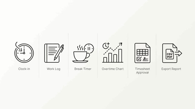 Clock-in time icon, work log notepad and pen, break timer coffee cup, overtime chart with rising bars and line, timesheet approval form with signature, export report file with CSV and PDF symbols.