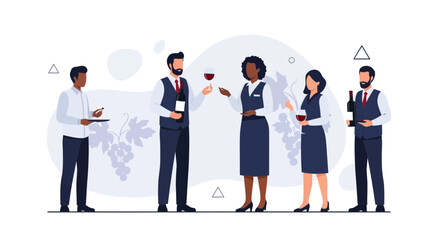Obraz premium Diverse Group of People Enjoying Wine Tasting Event, Sommelier Service Illustration